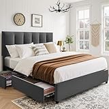 VECELO Polsterbett 140 x 200 cm Doppelbett mit 4 Stauraum Schubladen und Höhenverstellbarem Kopfteil, Gepolstertes Bettgestell mit Lattenrost und Stauraum, Samt, Ohne Matratze, Grau