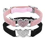 cobee Bling Heart Katzenhalsband mit Glocke, verstellbares Kätzchenhalsband mit Sicherheitsgurt, Strass Haustierhalsband für kleine Katzen und Hunde (Rosa) (Schwarz+Rosa)
