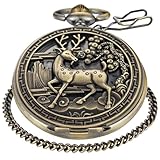 Tiong Bronze ausgehöhlte Hirsch Quarz Herren Taschenuhr arabische Ziffer weißes Zifferblatt Taschenuhr mit Kette, Cf-new19