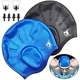 Unisex Silikon Badekappen-Ohrenschutz,2Pcs Wasserdichte Schwimmkappe für Kurze/Lange Haare mit Ohrstöpsel&Nasenklemme,Anti-Rutsch Elastische Badekappe für Frauen Männer Erwachsene Kinder(Schwarz+Blau)