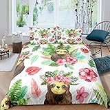 Homewish Bettbezug Kawaii Sloth 220 x 240 cm, Bettwäsche Faultier Kawaii, Palmblatt, Kirschblüte Monstera, tropische Hawaii-Bettdecke für Kinder