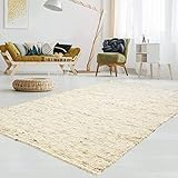 T.Carpet Gewalkter Handweb-Teppich Lambrecht aus hochwertiger Schurwolle edel und aufwendig verarbeitet fürs Wohnzimmer, Eszimmer, Schlafzimmer und die Küche geeignet 60 Beige meliert 070 x 130 cm