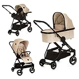 iCOO Acrobat XL Plus Trioset höhenverstellbarer Buggy bis 25 kg mit Liegefunktion und Fußsack + Babywanne + Babyschale ab Geburt, mit einer Hand klein klappbar, leicht, Reflektoren – Beige