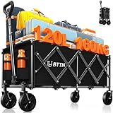 BTTN 120L Klappbarer Bollerwagen, 160kg (350LBS) Traglast Handwagen Faltbar mit Leisen Rädern, Bollerwagen für Garten, Camping, Einkaufen & Picknick, Faltbar Transportwagen mit Stabil Rädern, Schwarz