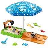 HYES Sandkasten mit Abdeckung, Dreck Digger Bagger Sandkasten mit Deckel, Kinder Sandkasten mit Sonnenschirm Sandschaufel Strandspielzeug, Gartenspielzeug Sommerspielzeug für Kinder 3-5, Grün