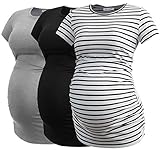 Smallshow Damen Umstandsmode Tops Seitlich Geraffte Schwangerschafts Umstandstop 3er Pack Black/Grey/White Stripe M
