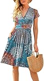 CLOUSPO Damen Sommerkleider Kurzarm Elegant V-Ausschnitt Boho Strandkleider Knielang Rüsche Retro Casual A-line Freizeit Kleider mit Taschen(Blumen D, L)