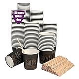 150 Einweg-Espressotassen aus Pappe 120 ml mit hölzernen Kaffeerührern. Kaffeebecher zum Mitnehmen.