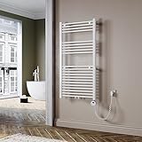 SUNXURY Badheizkörper Elektrisch Weiß 1150x600 mm Handtuchheizkörper Elektrisch mit Mini-Thermostat Auswählbar Panel Handtuchhalter Wasser Mittelanschluss 600 Watt