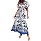 Damen Sommerkleid Mit V-Ausschnitt KurzäRmeln Im LäSsigen A-Linien Design Für Strandurlaub Freizeit Mit Eleganter Langer Robe Als Modisches Accessoire Für Besondere AnläSse (Blue, XL)