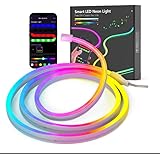 FlyQintess RGBIC Neon Led Strip, 5M Neon Streifen Flexible mit APP/Fernbedienung, Musik Sync LED Lichterkette Farbwechsel Light Band anwendbar auf Schlafzimmer, Raum und Außendekoration (5M)