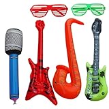 6 Stück Luftgitarren Zum Aufblasen, Fotobox Accessoires Geburtstag, Fotowand Party, Fotobox Zubehör, Roter Bass + Grüne Gitarre + Blaues Mikrofon + Gelbes Saxophon + Rote Brille, Grüne Brille