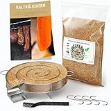 Kaltrauchgenerator/Räucherschnecke für Räucherofen + 1,2 kg Räuchermehl Buche + 4 Fleischhaken & Reinigungsbürste – Edelstahl-Spirale für Fleisch, Fisch, Wurst – Inkl. PDF-Ratgeber (Gratis)