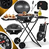 KESSER® elektrischer Elektrogrill 2in1 Tischgrill - Standgrill mit Deckel | max. 2400 Watt | Faltbar | Thermostat | Antihaftbeschichtung | Grillplatte Abstelltische | 2 Räder | inkl. Cover & Zange
