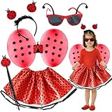 Edmirfun Marienkäfer Kostüm Kinder,Ladybug Mädchen,Feenflügel,Prinzessin Kostüm Mädchen,Tutu Rock,Zauberstab Kinder,Haarreifen,Flügel,für Karneval,Mottoparty,Faschingskostüme