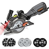 DOVAMAN Mini Handkreissäge, 710W 115mm Handkreissäge w/Laser, 3500RPM, Metall-Hilfsgriff, 43mm (90°), 29mm (45°) Schnitttiefe, 6 Sägeblätter, ideal für Holz, Weichmetall, Kunststoff, Fliesen–MCS01A