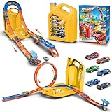 Charmofun Autorennbahn für Kinder, Rennstrecke Auto Spielzeug mit mit 6 Autos, Aufbewahrungsbox, Auto Rennbahn Mit Looping und U Track, Portable Spielzeug autorennbahn für Kinder ab 3 Jahre (Gelb)