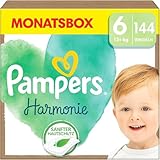Pampers Baby Windeln Größe 6 (13+kg) Harmonie, MONATSBOX, Sanfter Hautschutz Und Pflanzenbasierte Inhaltsstoffe, 144 Stück