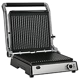 HOMCOM Kontaktgrill Elektrogrill für 4 Scheibe Sandwiches Toasts Steak Panini 2000W Tischgrill BBQ mit regelbarem Thermostat 180 Grad aufklappbar Aluminium Edelstahl Silber+Schwarz 36,6x35,7x16,2 cm