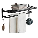 Doppelschichtiger Handtuchhalter zur Wandmontage, mobiler schwarzer Aluminium-Badetuchhalter, 38 cm, platzsparende Badezimmer-Aufbewahrung für Handtücher, Bademäntel und Zubehör