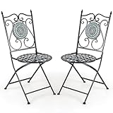 COSTWAY Gartenstühle 2er Set, Mosaik Klappstühle, klappbare Balkonstühle mit Metallgestell, Mosaikstühle, Bistrostühle, Terrassenstühle für Garten, Balkon, Terrasse