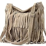 modamoda de T125 Damen Leder Wildleder Schultertasche Umhängetasche handmade in Italy, Farbe:Stone