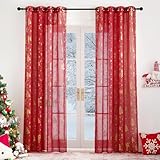PONY DANCE Weihnachten Vorhang Rot Transparent Weihnachtsgardinen mit Ösen H 220 x B 140 cm Voile Gardinen mit Goldernem Muster Wohnzimmer Gardinen Durchsichtig Ösenvorhang 2er Set