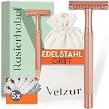 VELZUR® Rasierhobel inkl. 5 Klingen & Reisebeutel - geschütztes Griff-Design aus Edelstahl extra lang & rostfrei - Rasierhobel Set Damen & Herren - plastikfrei - Premium Safety Razor in Rosegold