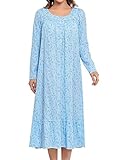 MZROCR Baumwoll-Nachthemden für Damen, langärmelig, für Erwachsene, weiche Damen-Nachtwäsche, Blaue und weiße Blume, XXL