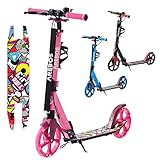 Arebos Cityroller Tretroller Pink höhenverstellbar | klappbar | inkl. Tragegurt | LED Räder | Hand-Tritt-Bremse | Front-Heckfederung | Kinder & Erwachsene | 100kg belastbar | Kickroller | Kickscooter