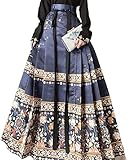 ThusFar Chinesische Röcke für Damen, Pferdegesicht, Rock, linke Krawatte, Floal-Print, elegant, Vintage, langer Swing-Maxi-Faltenrock, Blau, Mittel