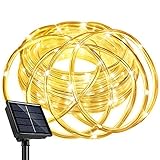 12M Solar Lichtschlauch, 100 LED Außen Lichterkette Schlauch Glasklar, LED Lichterketten Außen Warmweiß für Hochzeit, Party und Weihnachten, Die Terasse