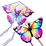 Drachen Kinder, panemy 2er-Pack Schmetterling Drachen mit 200m Drachenleine, Kinderspielzeug Outdoor, Herbst Drachen, Strand Drachen, geeignet für Park, Eltern-Kind-Interaktion (Lila-Rosa)