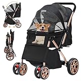 DWVO Hundebuggy 3 in1 Hundebox Transporttasche, Faltbar klappbar Katzenwagen Bis 22kg, 360° Verschleißfeste EVA-Räder, Ablagekorb, Netzfenstern, 58,5x76x105cm, hundewagen für kleine hunde (Schwarz)