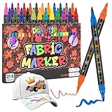 TOVIKI 24 Doppelspitze Textilmalstifte waschmaschinenfest & permanent - Ungiftig - Für Stofftaschen, T-Shirts & Textilien - Stoffmalstifte für Kinder und Erwachsene