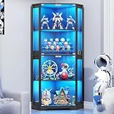 BROTTAR Eckvitrine mit Glastüren, Tall 165cm Eck Bücherregal mit 3 Farben Led Beleuchtung, 4-Ebenen Vitrinenschrank mit Intelligente Sensorik für Wohnzimmer Schlafzimmer Büro, Schwarz