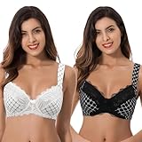 Curve Muse Übergröße Ungefüttert Bügel Spitzen-BH mit gepolsterten Schultergurten-2er Pack-Creme Drucken,Schwarz Drucken-95E