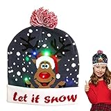 LINGJIONG Leuchtende Weihnachtsmütze, warme Wintermütze mit Bommeln, leuchtet im Dunkeln, Weihnachtsmütze, Strickmütze, Unisex, Weihnachtsstrickmütze für Kinder und Erwachsene, Weihnachtsfeiergeschenk