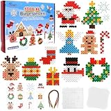 Homgaty Große 10mm Bügelperlen Weihnachten Set, 1000 Stück XL Steckperlen mit Platten, 12 Muster und Bügelpapier, 9 Bunte Farben XL Bügelperlen, Kreatives Perlenset für Kinder ab 3 Jahren