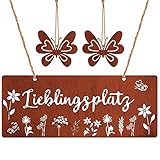 Otuuz Rostfarbe Metall Lieblingsplatz Schild zum Hängen 25 x 10 cm Dekoratives Türschild Rustikal Rost Wandschild Rostiges Gartenschild Gartendeko mit 2 Rostoptik Schmetterlinge Dekos für Sommer
