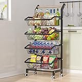 COVAODQ Gemüseregal für Küche,Stapelbarer Obstkorb Gemüse,Aufbewahrungswagen KüchenWagen Mit Abschließbare Rollen Und Holzplatte, Für Badezimmer,Küche,Büro (Griff aus Holz)
