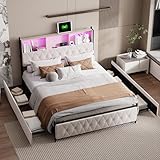 160*200CM Polsterbett Bettrahmen aus Flanellstoff mit 2 USB & Typ-C-Schnittstellenbuchse,Doppelbett Bettgestell mit Lattenrost aus Holzrahmen und LED-Beleuchtung und 4 Schubladen für Schlafzimmer