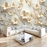 Fototapete 3D Effekt Beige Blumen Tapeten Wandtapete, 396X280Cm (B×H) Wasserfest Tapeten, Elegante Kunst Wanddeko Design Wand Dekoration Wohnzimmer Schlafzimmer Büro
