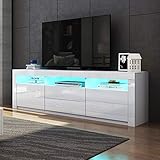 Generisch TV Schrank für Wohnzimmer, TV-Ständer Weiß Mattes Gehäuse und Hochglanzfront 2 Türen 2 Schubladen TV Lowboard 160cm mit RGB LED Licht, TS01-WH
