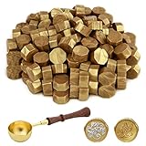 ASTARON 100 Stück Siegelwachs Gold, Siegelwachs Perlen mit 1 Wachsschmelzlöffel, achteckiges Wachssiegel-Set für Stempel, für Einladungen, Karten, Umschläge, Weinpakete, Geschenkverpackungen