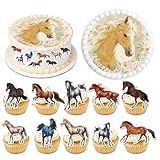 61 Stück Tortenaufleger Pferde Essbar, Tortendeko Pferde Mädchen Essbar und Muffin Deko Pferd, Pferde Deko Kuchen Essbar, Tortenaufleger Geburtstag Mädchen, zum Backen, Kochen, Fondant