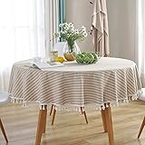 meioro Runde Tischdecke Streifen Quaste Tischtuch Baumwolle Leinen Staubdichte Tischabdeckung für Esszimmer Kreis Coffee Side End Card Tisch, Partys Urlaub Indoor Outdoor (Beige Streifen, 99 cm)