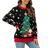 Generisch Damen-Weihnachtsbaum-Jacquard-Pullover im europäischen amerikanischen Stil mit Rundhalsausschnitt, LED-Leucht-Weihnachtspullover für Damen (Black, XL)