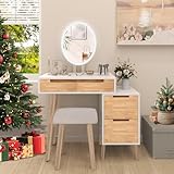 YU YUSING Schminktisch mit Beleuchtung, LED-Spiegel, Frisiertisch mit 4 Schubladen, 1 Schrank, Kosmetiktisch mit Stuhl, 3 Farben LED, Frisierkommode Make-up-Tisch für Wohnzimmer Schlafzimmer, Modern