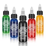 ATOMUS Tattoo Tinten 5er Set 1oz (30ml) - Gelb, Schwarz, Blau, Rot, Grün - Wasserfest - Erwachsene